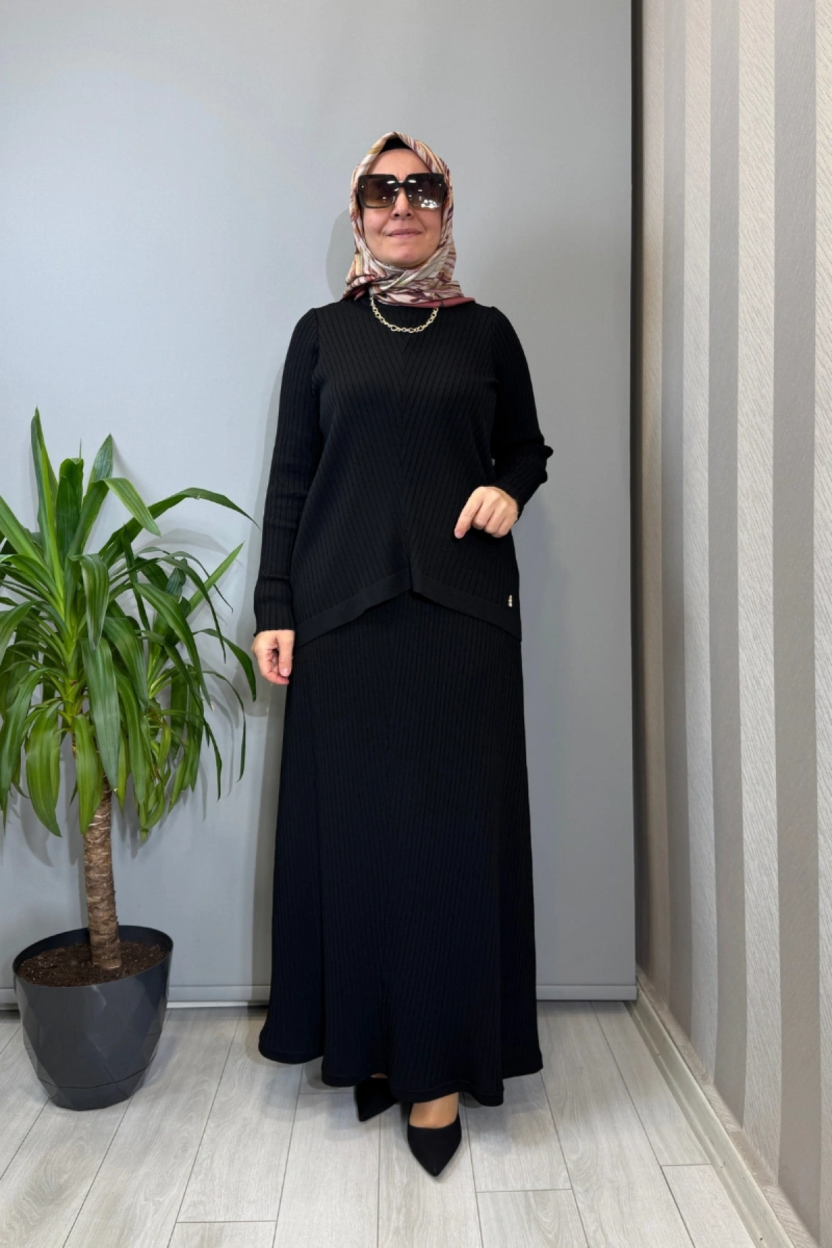 Miss Dalida Rahat Kesim Fitilli Triko Etek Takım Siyah T26Y-6032 (T26Y-2023)