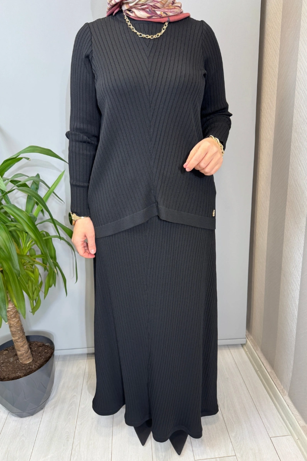 Miss Dalida Rahat Kesim Fitilli Triko Etek Takım Siyah T26Y-6032 (T26Y-2023)