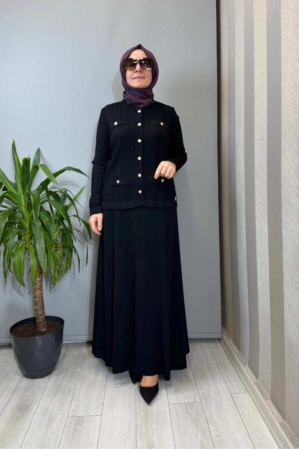 Miss Dalida Saç Örgüsü Klasik Triko Ceket Etek Takım Siyah T26Y-8200 (T26Y-2002)