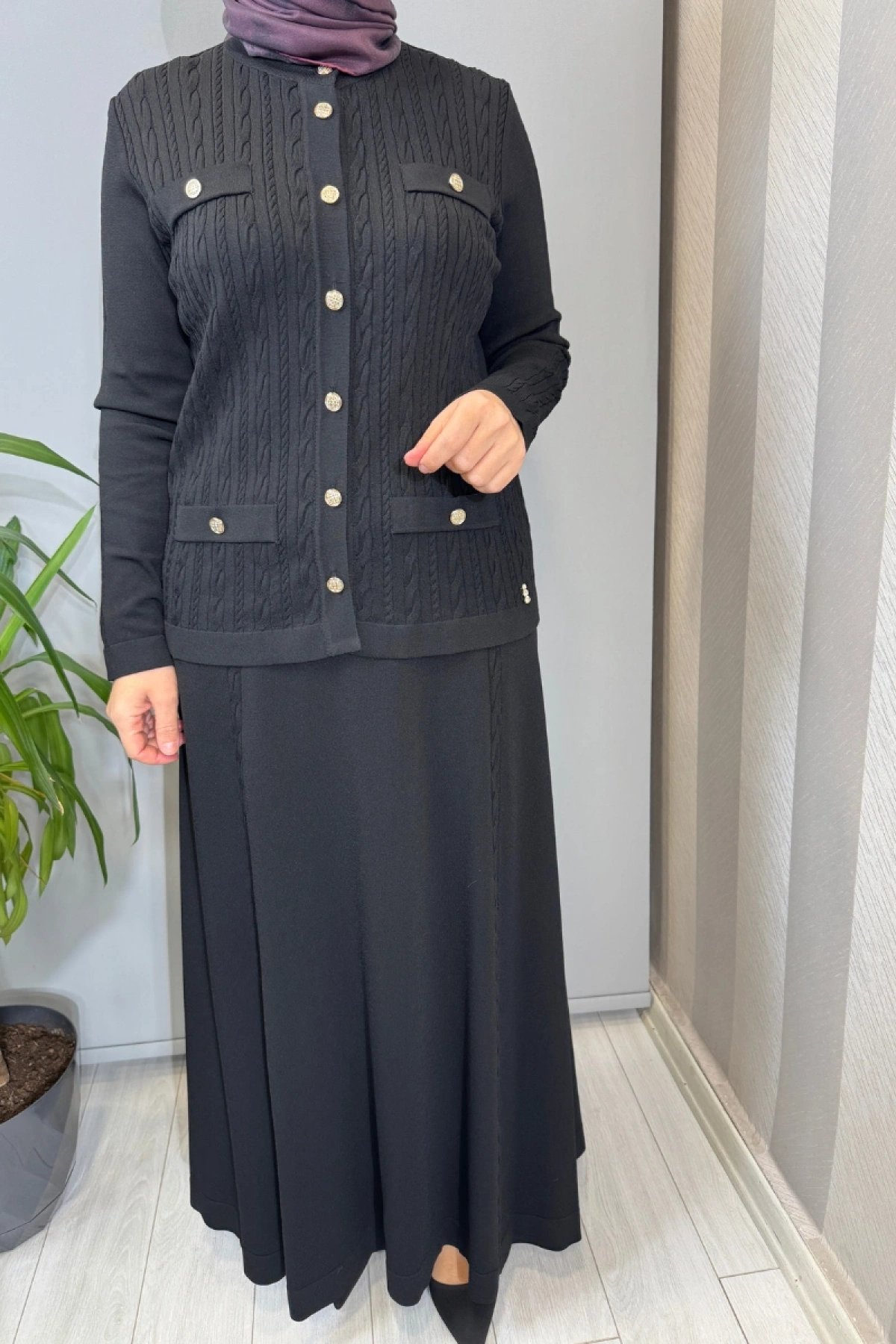 Miss Dalida Saç Örgüsü Klasik Triko Ceket Etek Takım Siyah T26Y-8200 (T26Y-2002)