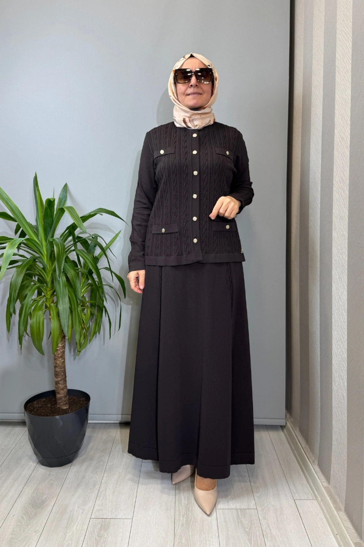 Miss Dalida Saç Örgüsü Klasik Triko Ceket Etek Takım Kahve T26Y-8200 (T26Y-2002)