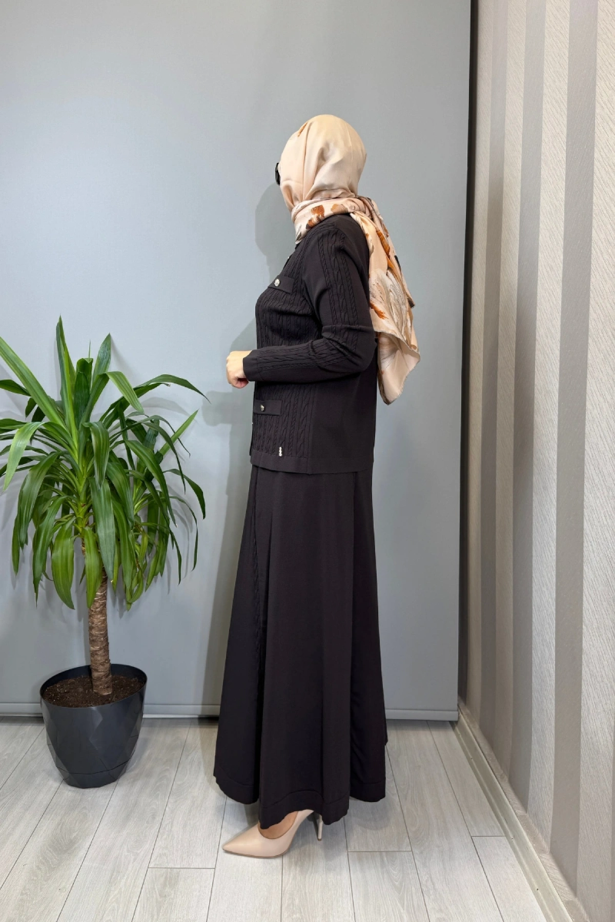 Miss Dalida Saç Örgüsü Klasik Triko Ceket Etek Takım Kahve T26Y-8200 (T26Y-2002)