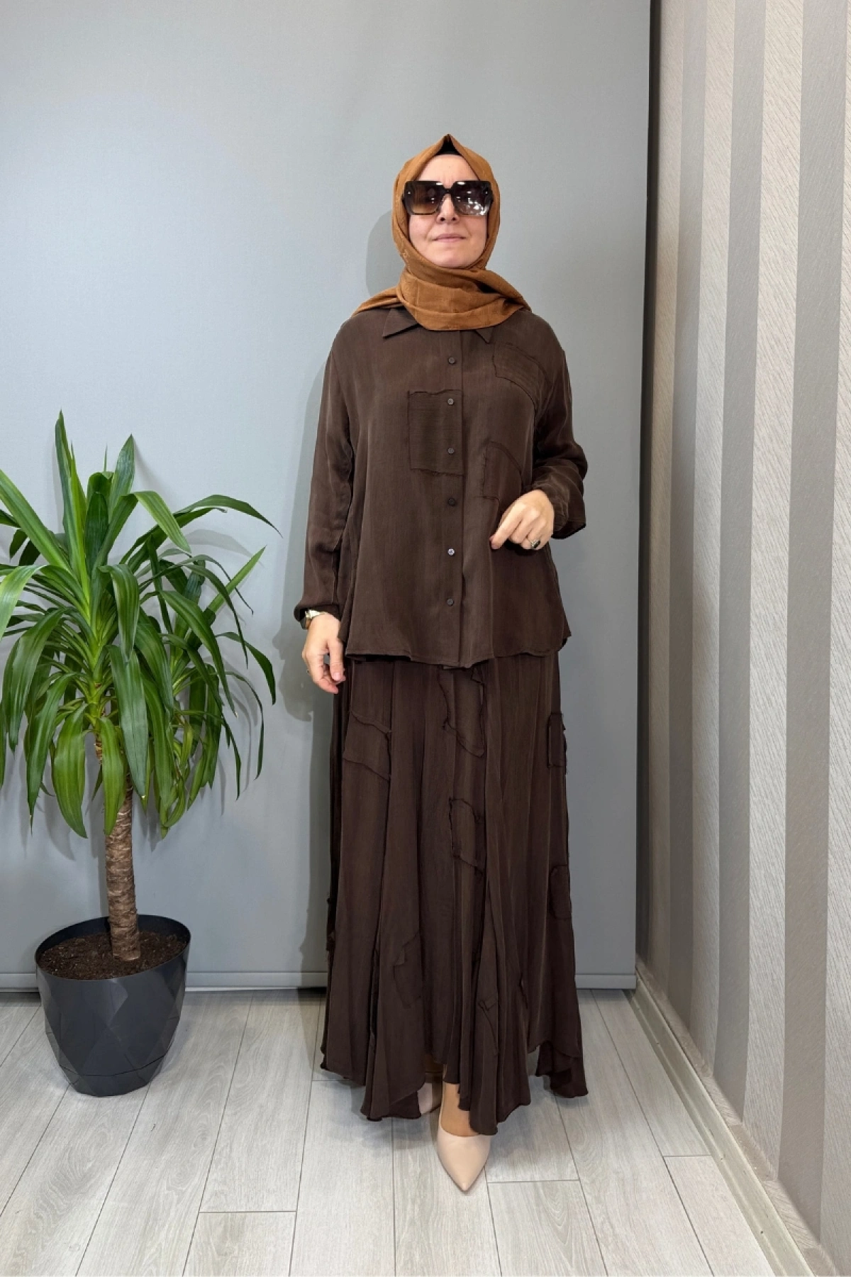 Misswhence Parça Kumaş Detaylı İpek Takım Kahve 39304