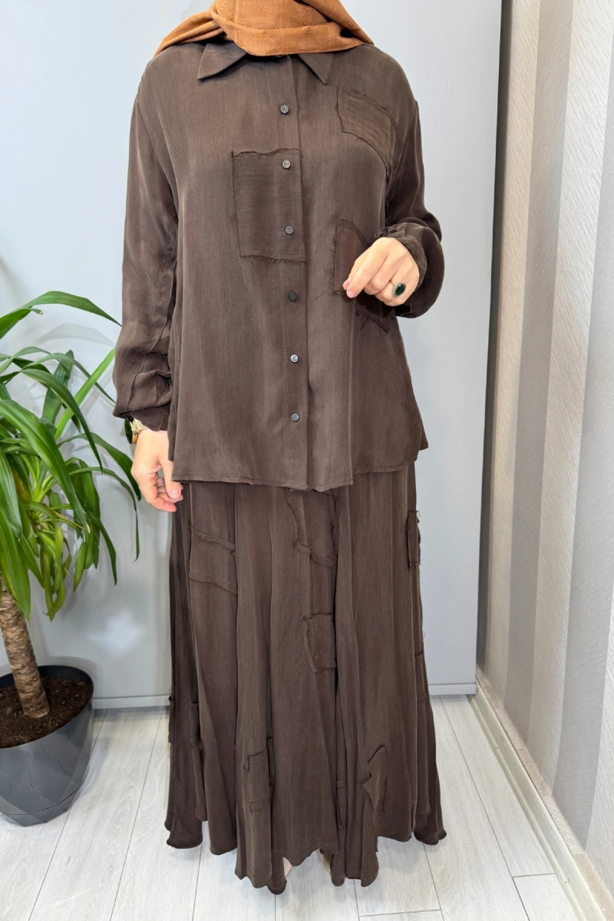 Misswhence Parça Kumaş Detaylı İpek Takım Kahve 39304