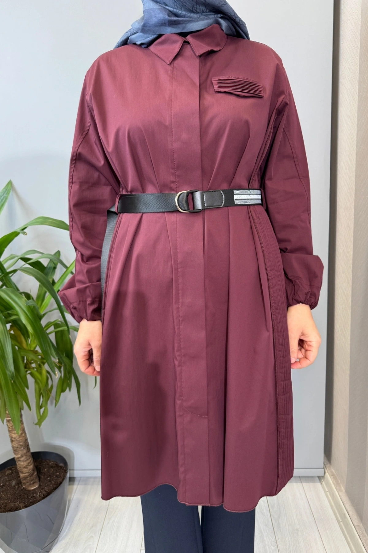 Misswhence Nervür Detaylı Kemerli Gömlek Bordo 39305