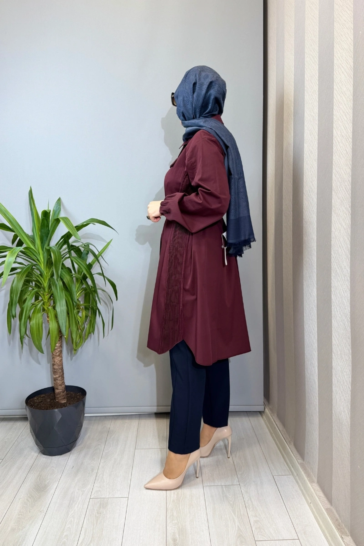 Misswhence Nervür Detaylı Kemerli Gömlek Bordo 39305