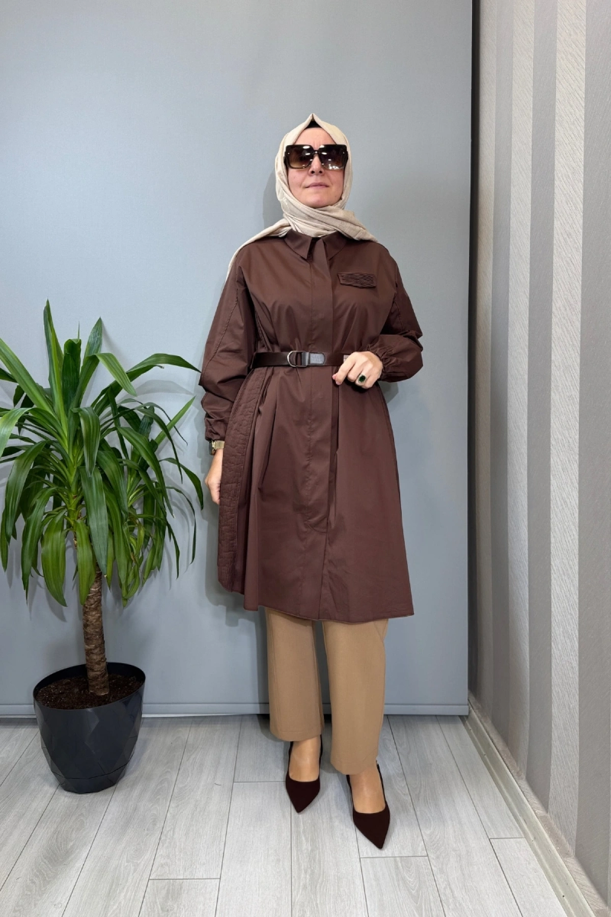 Misswhence Nervür Detaylı Kemerli Gömlek Kahve 39305