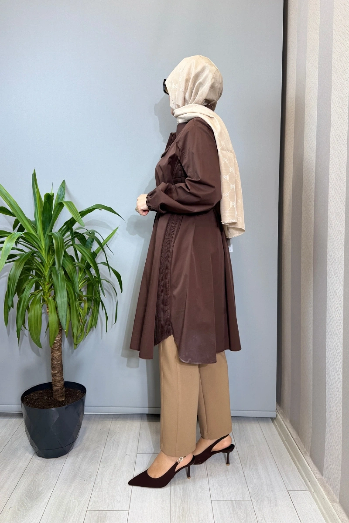 Misswhence Nervür Detaylı Kemerli Gömlek Kahve 39305