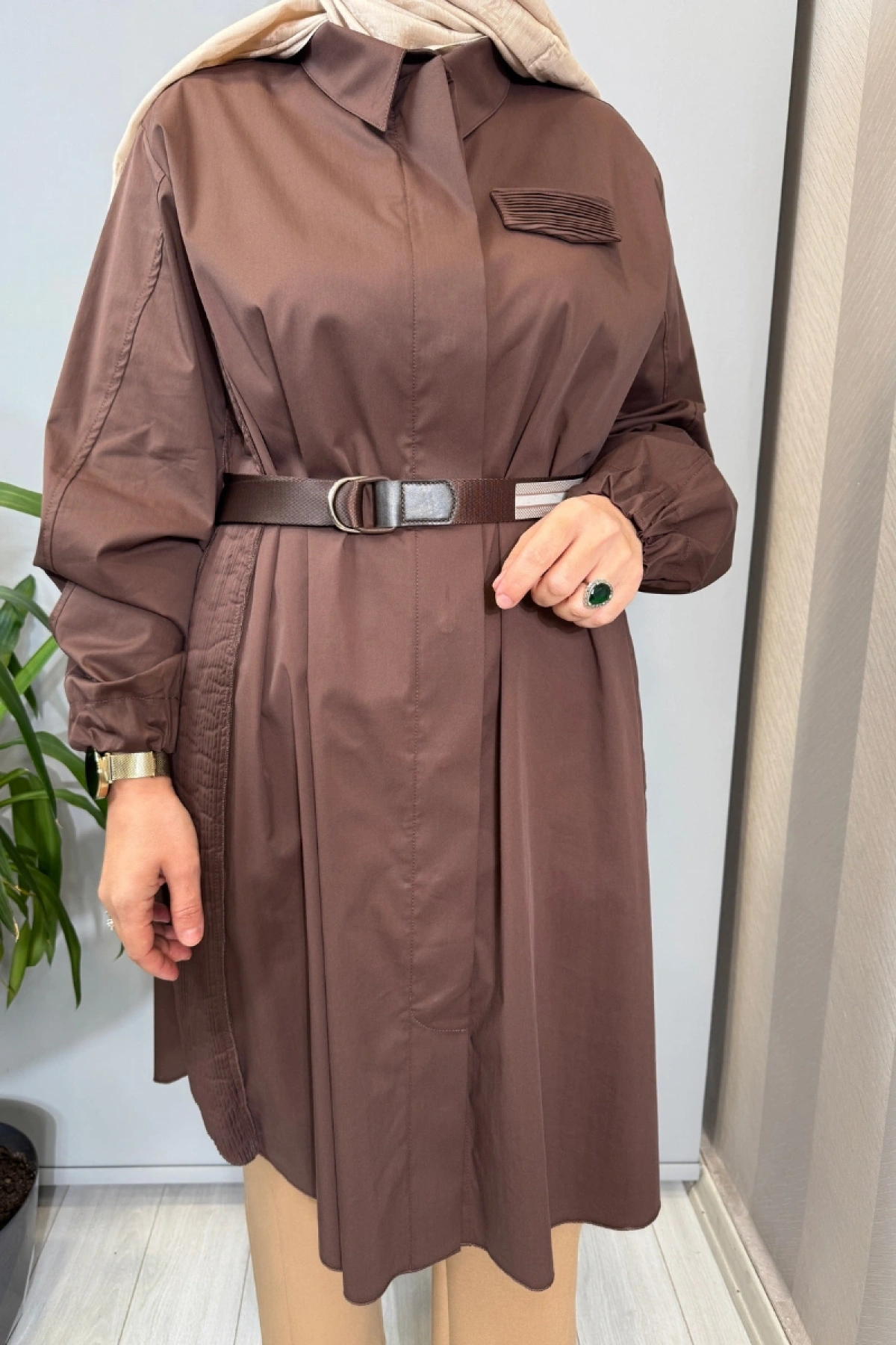 Misswhence Nervür Detaylı Kemerli Gömlek Kahve 39305