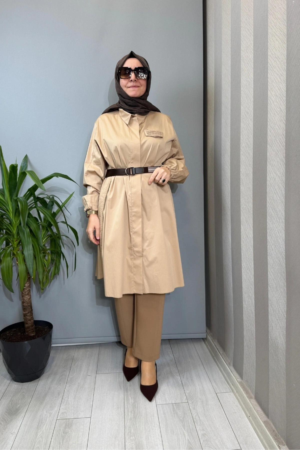 Misswhence Nervür Detaylı Kemerli Gömlek Camel 39305