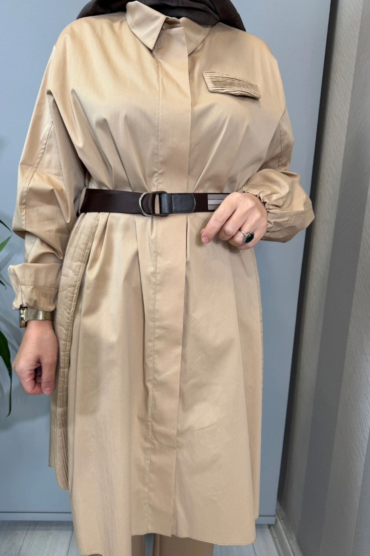 Misswhence Nervür Detaylı Kemerli Gömlek Camel 39305