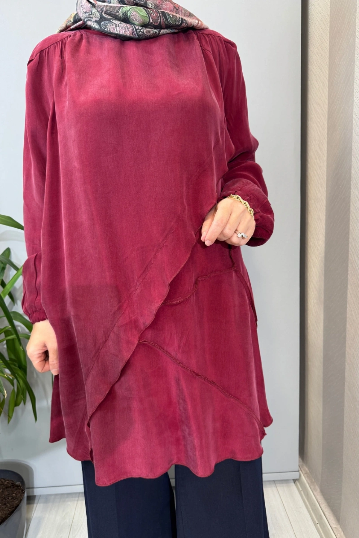 Misswhence Nervür Detaylı Cupra İpek Tunik Bordo 39017