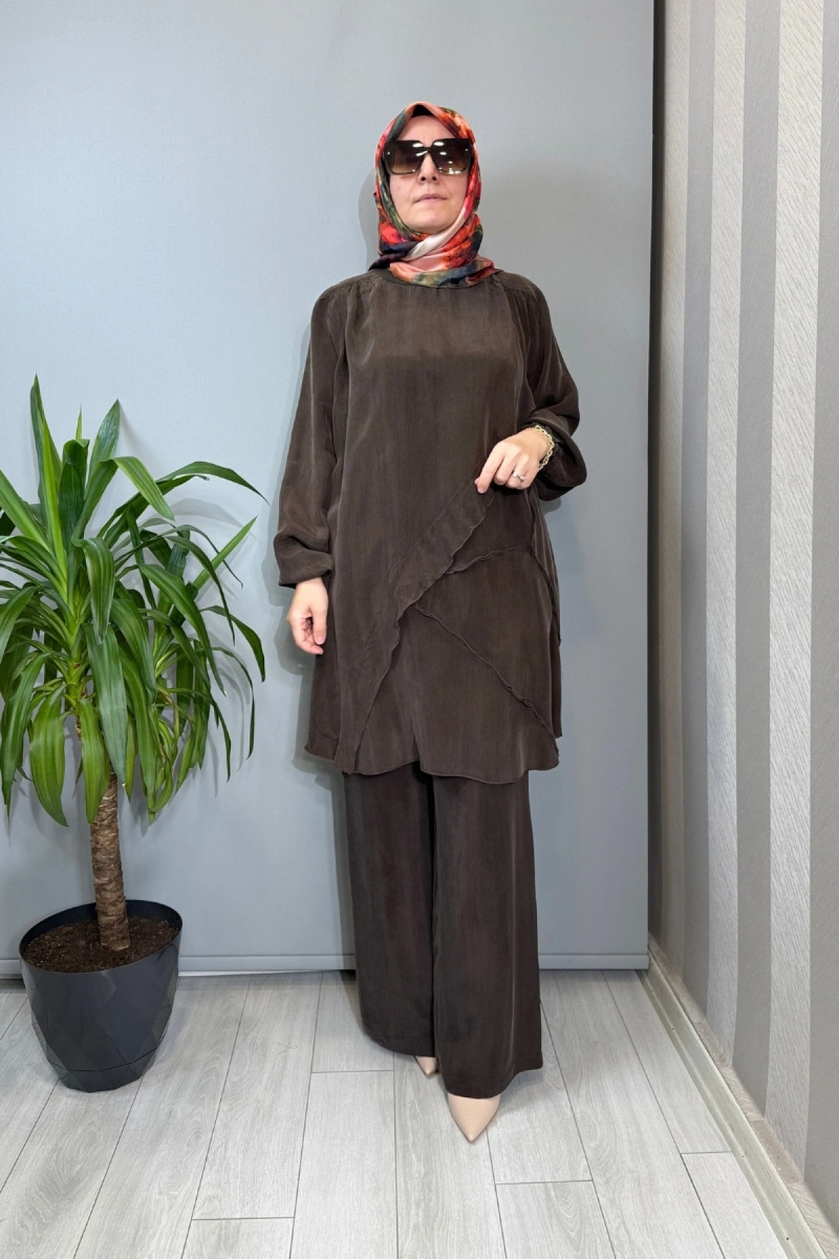 Misswhence Nervür Detaylı Cupra İpek Tunik Kahve 39017