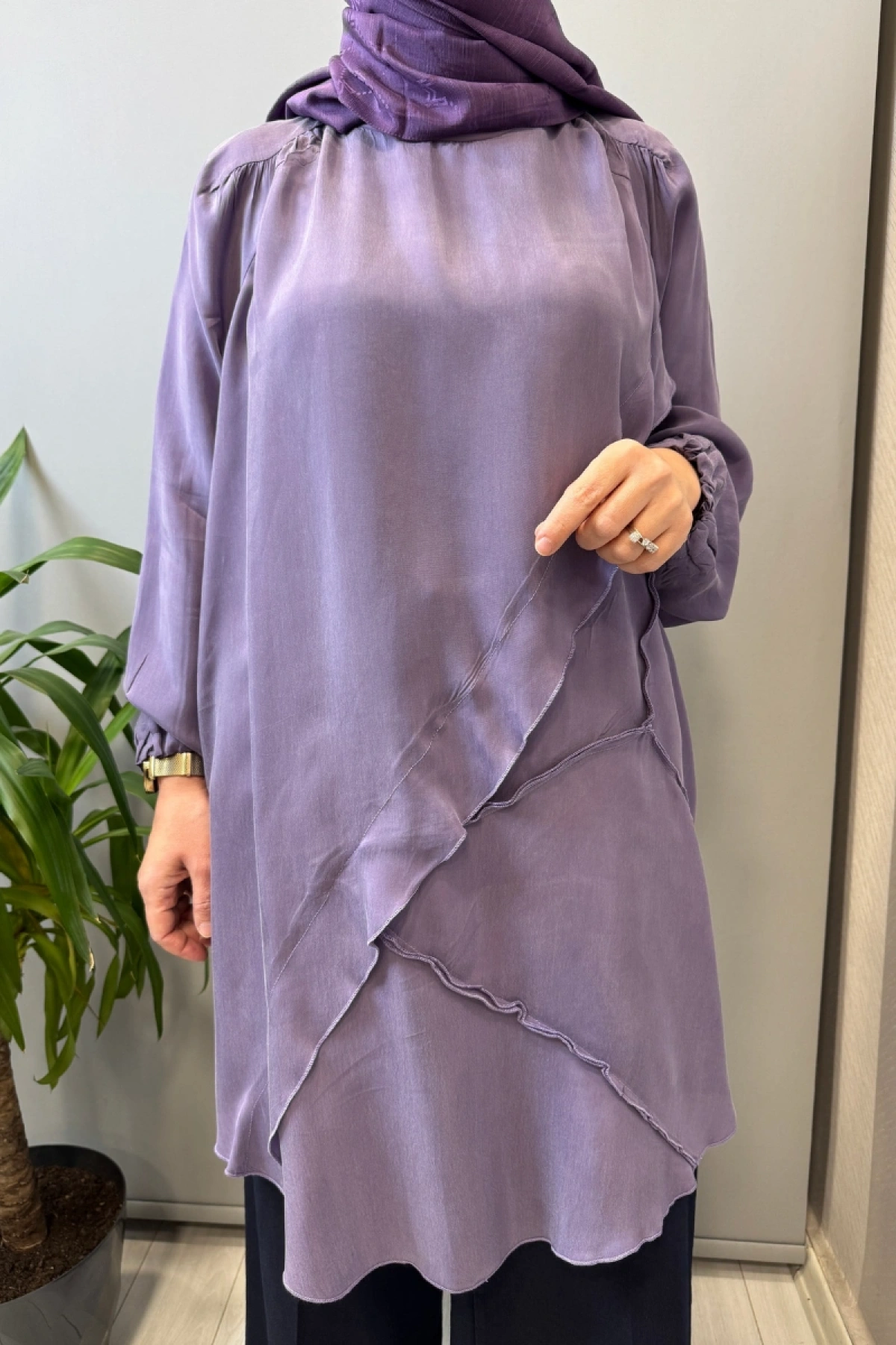 Misswhence Nervür Detaylı Cupra İpek Tunik Lila 39017