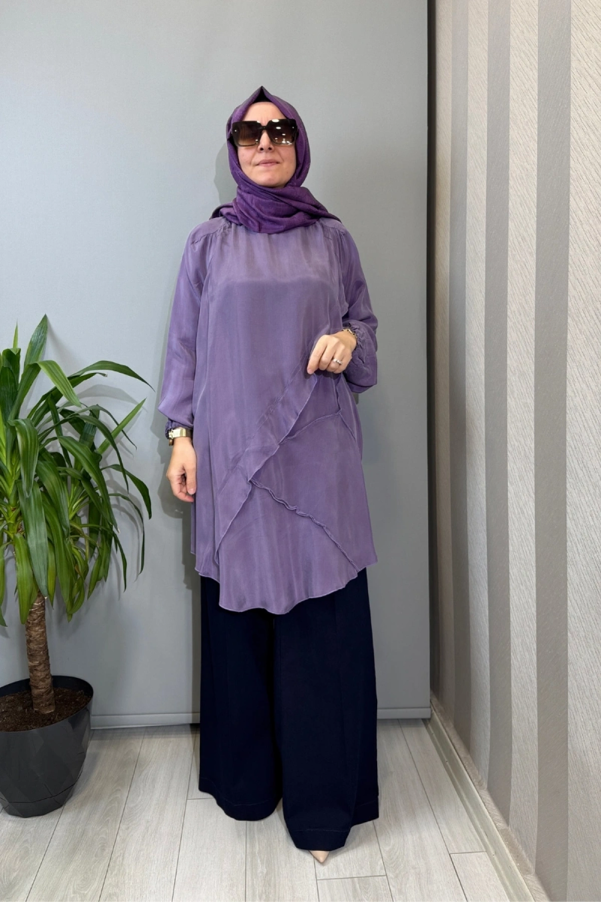 Misswhence Nervür Detaylı Cupra İpek Tunik Lila 39017