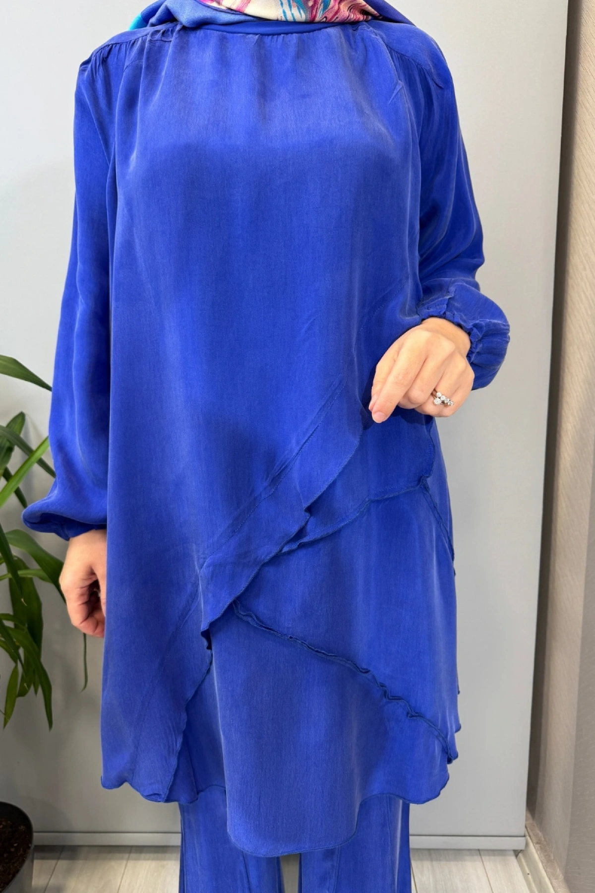 Misswhence Nervür Detaylı Cupra İpek Tunik Saks 39017