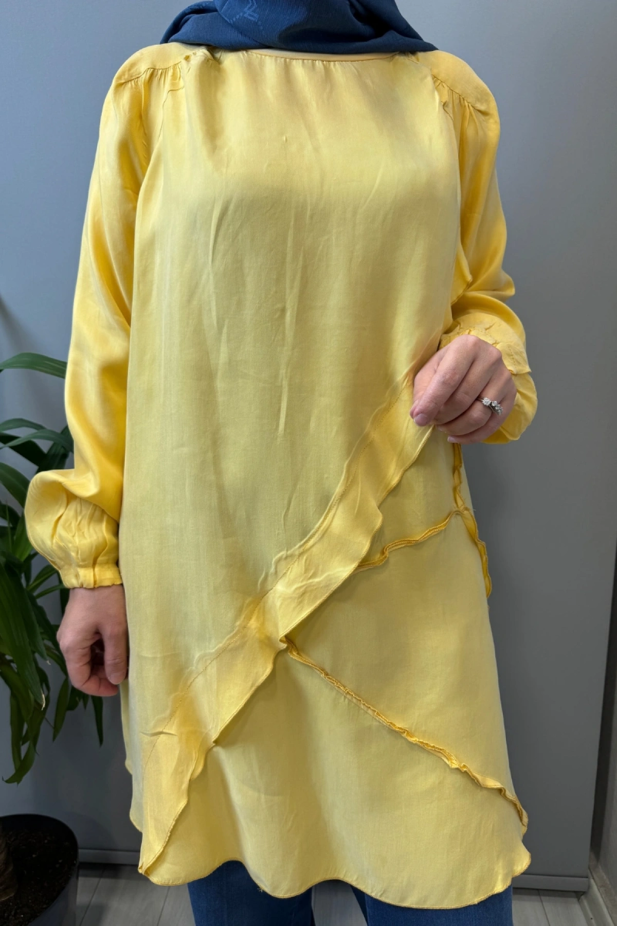 Misswhence Nervür Detaylı Cupra İpek Tunik Sarı 39017