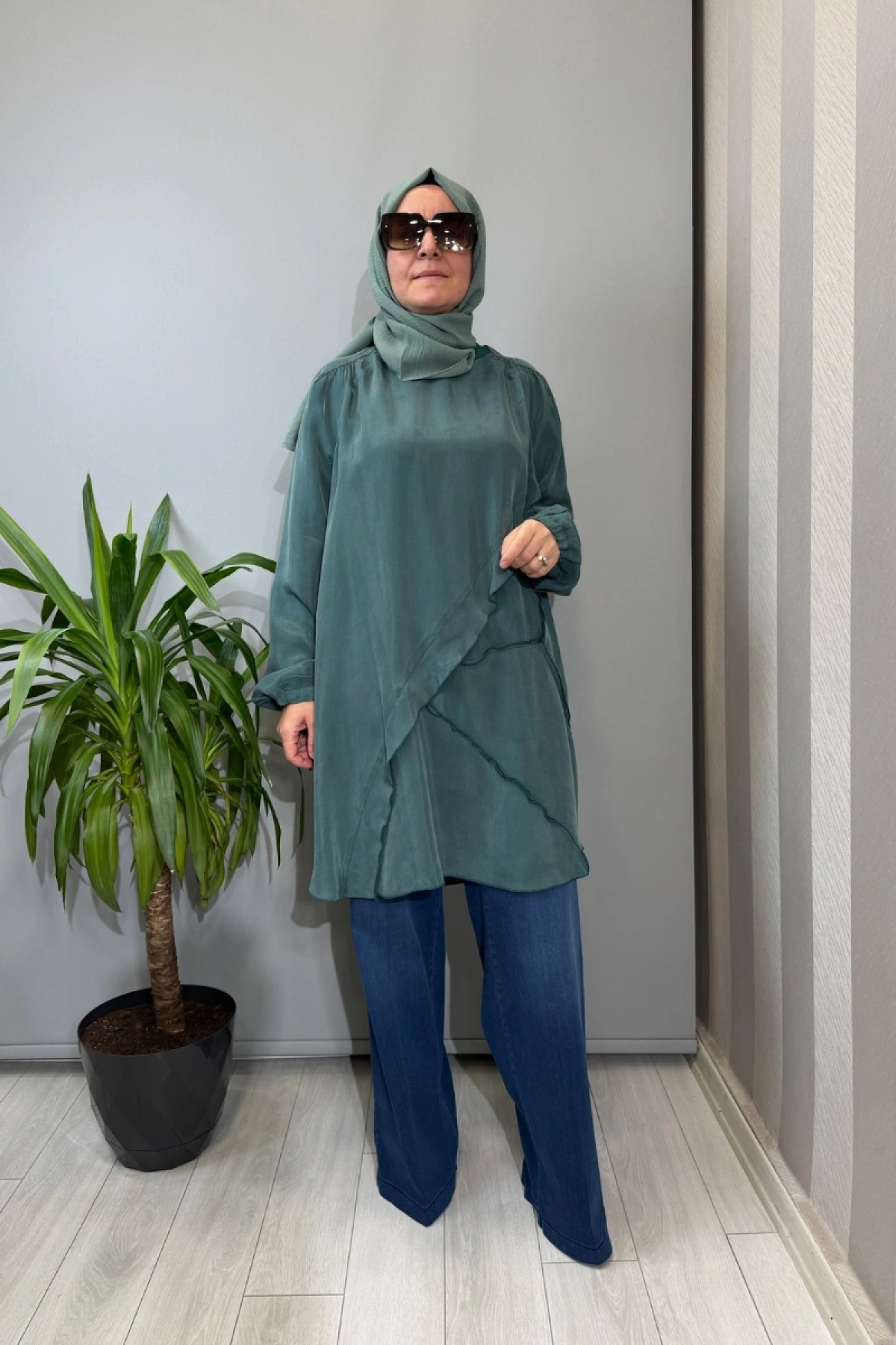 Misswhence Nervür Detaylı Cupra İpek Tunik Yeşil 39017