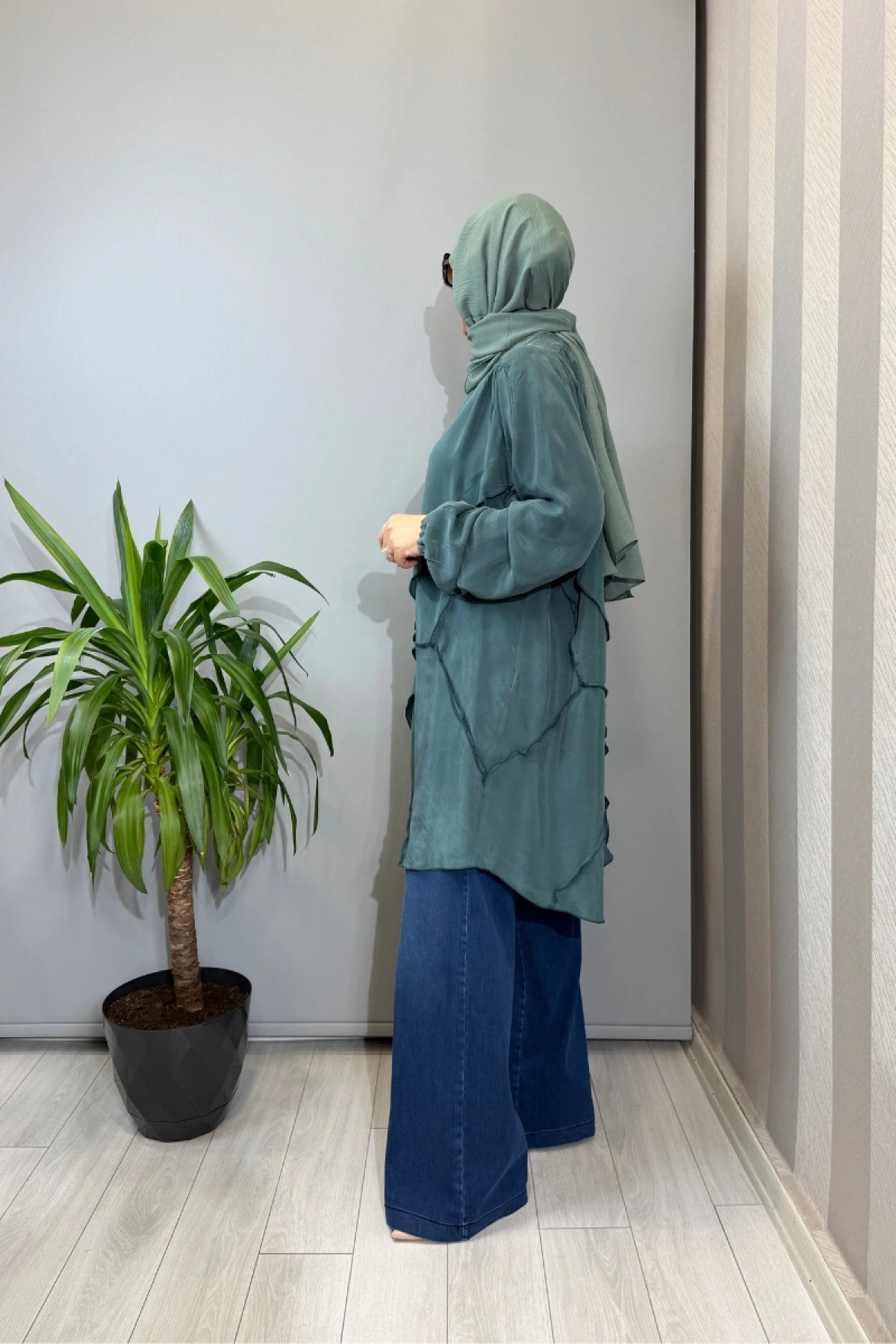 Misswhence Nervür Detaylı Cupra İpek Tunik Yeşil 39017