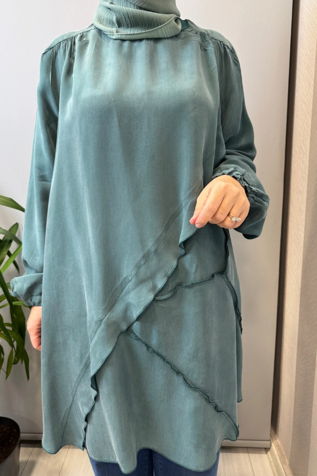 Misswhence Nervür Detaylı Cupra İpek Tunik Yeşil 39017