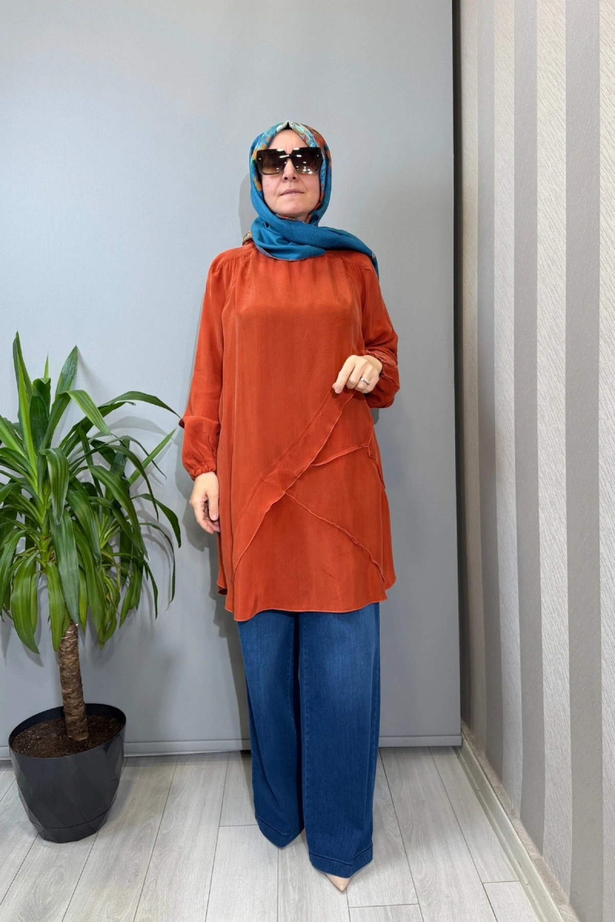 Misswhence Nervür Detaylı Cupra İpek Tunik Turuncu 39017