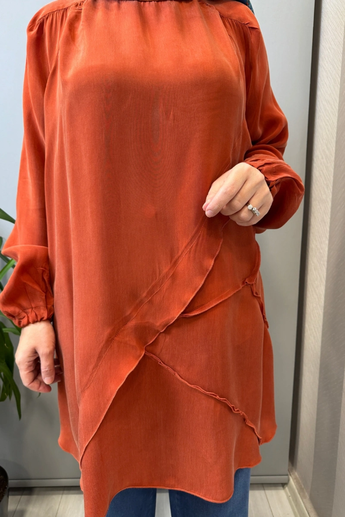 Misswhence Nervür Detaylı Cupra İpek Tunik Turuncu 39017