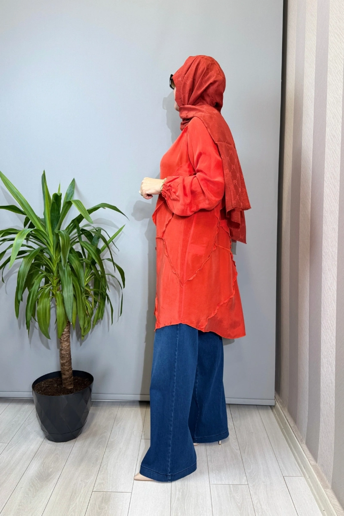 Misswhence Nervür Detaylı Cupra İpek Tunik Nar Çiçeği 39017