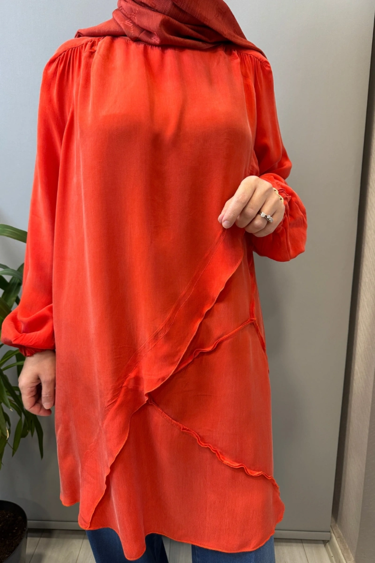 Misswhence Nervür Detaylı Cupra İpek Tunik Nar Çiçeği 39017