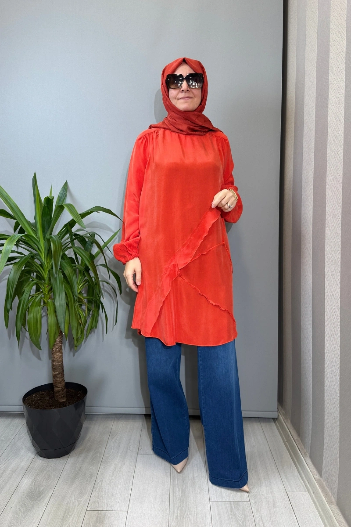 Misswhence Nervür Detaylı Cupra İpek Tunik Nar Çiçeği 39017