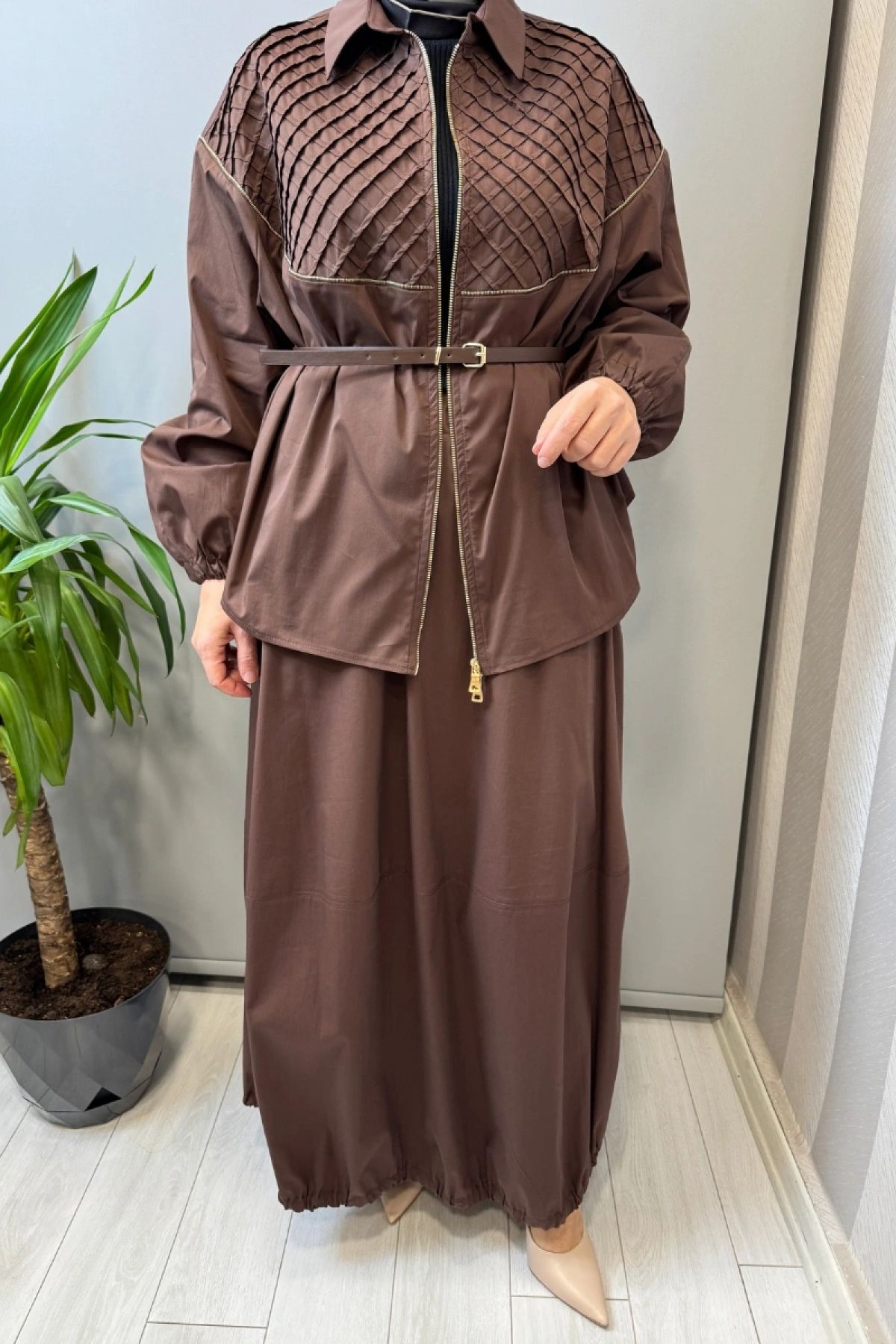 Misswhence Fermuar Detaylı Ceket Etek Takım Kahve 39307