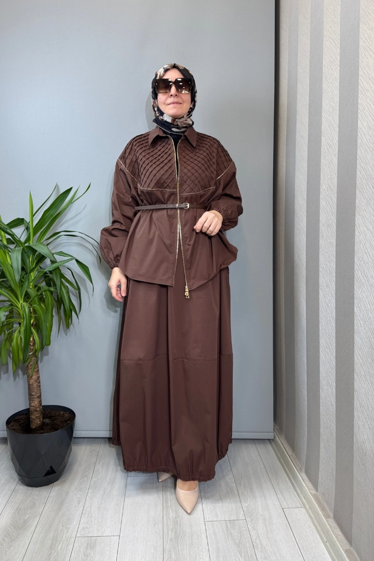 Misswhence Fermuar Detaylı Ceket Etek Takım Kahve 39307