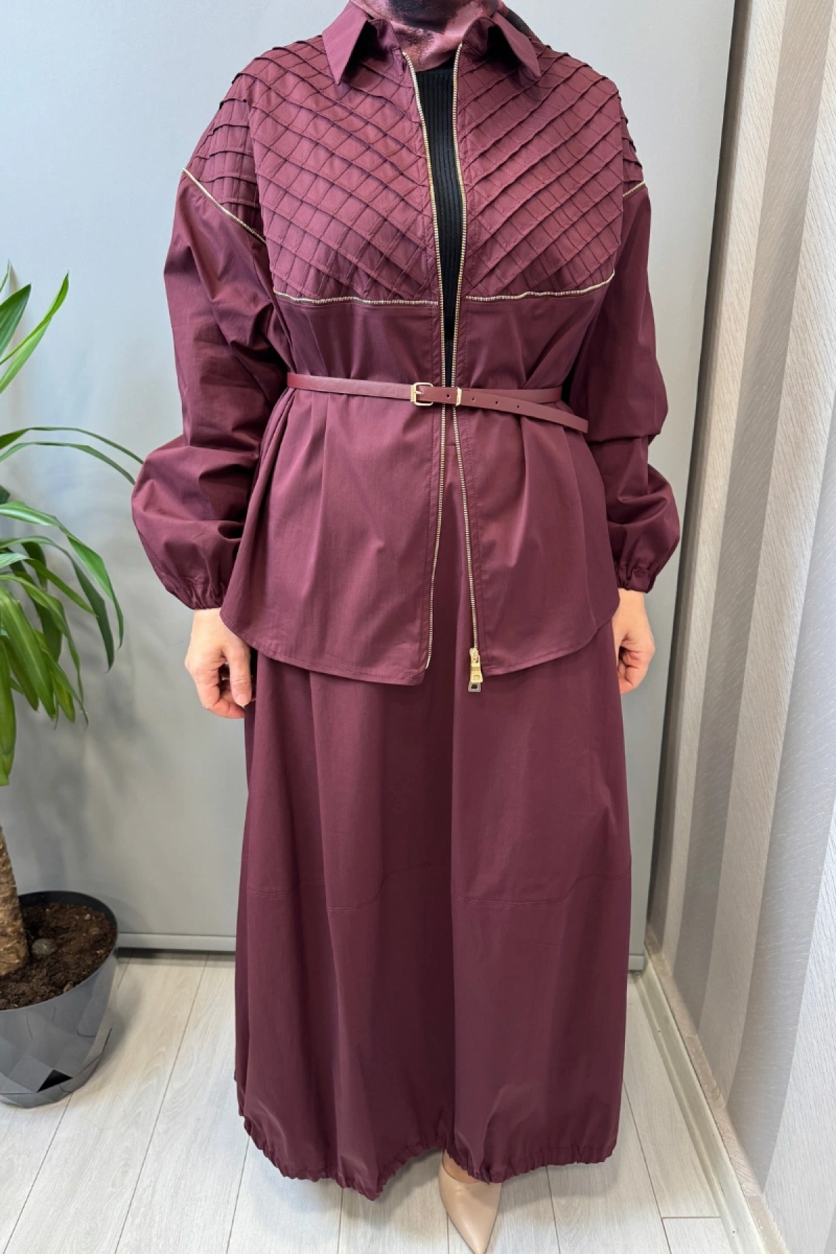 Misswhence Fermuar Detaylı Ceket Etek Takım Bordo 39307