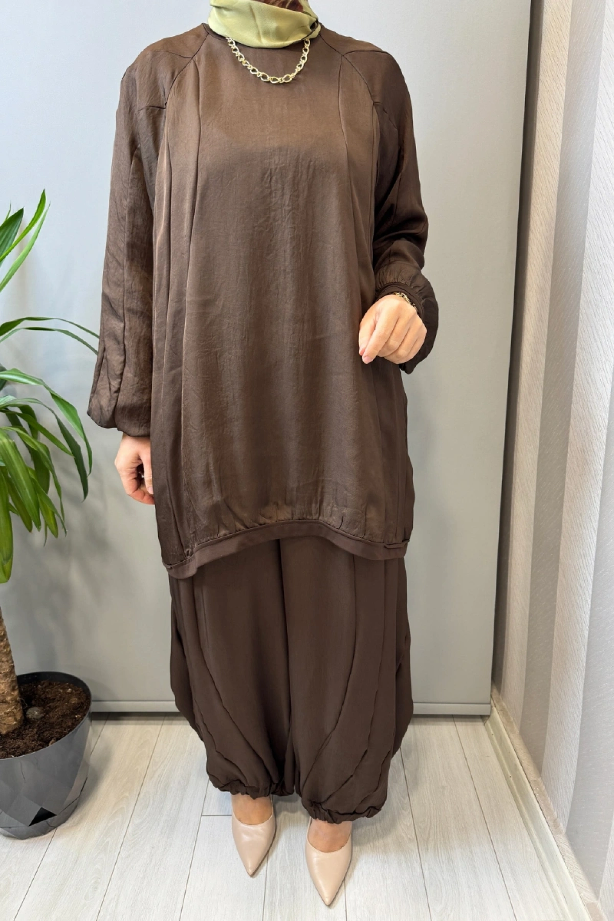 Misswhence Parça Detaylı Tunik Şalvar Takım Kahve 39022