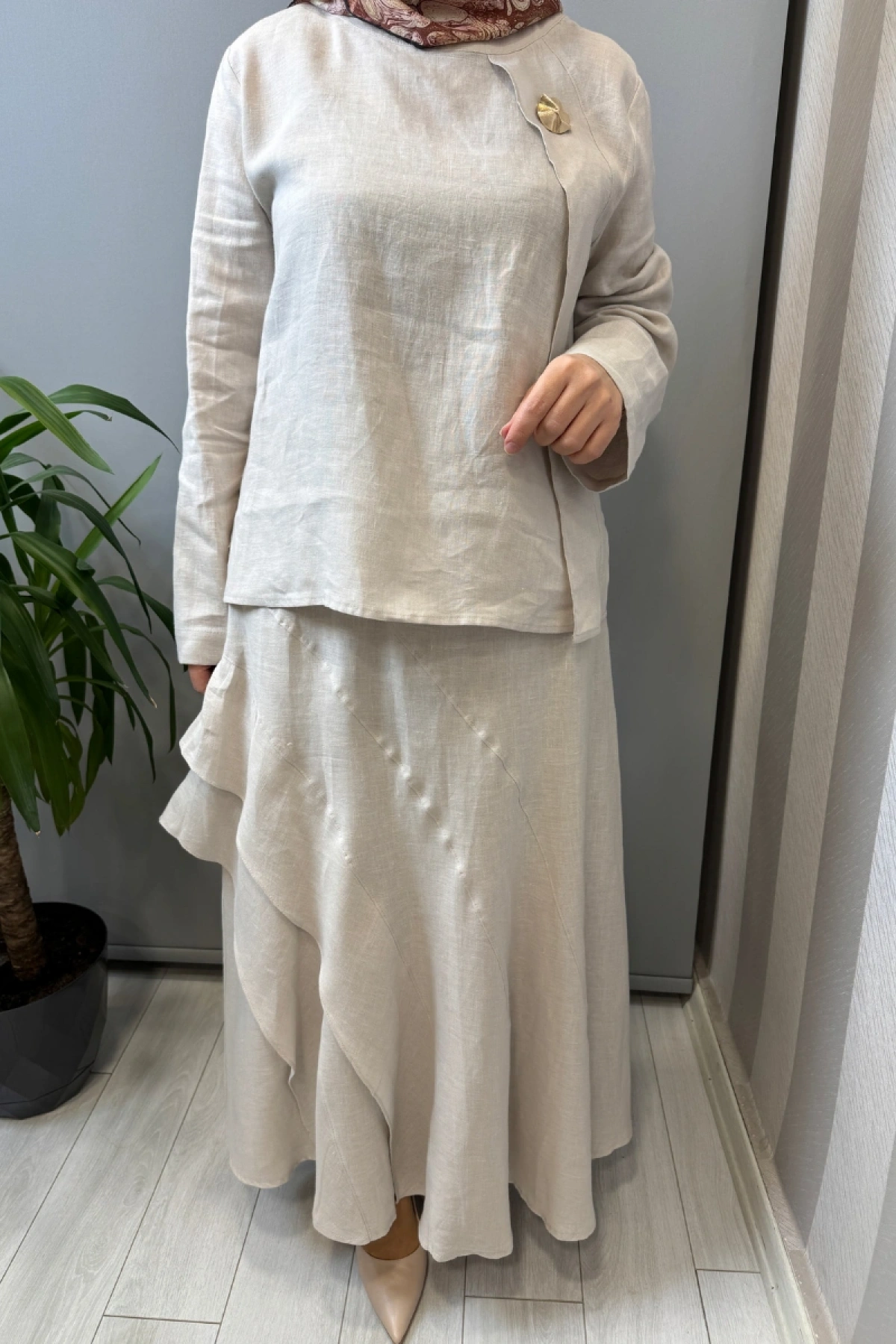 Clande Aksesuarlı Keten Bluz Etek Takım Taş 2601-2023 (3045)