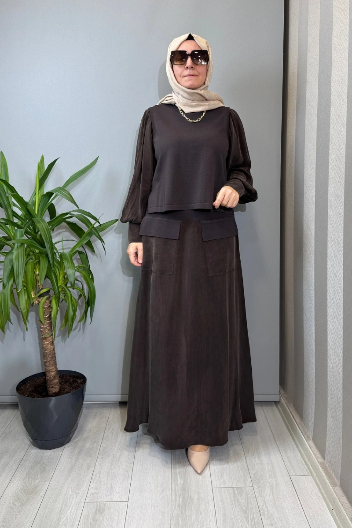 Miss Dalida Balon Cupro Kollu Triko Takım Kahve T26Y-6034 (T26Y-2018)