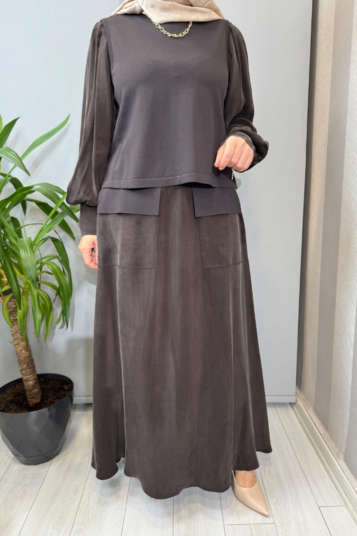 Miss Dalida Balon Cupro Kollu Triko Takım Kahve T26Y-6034 (T26Y-2018)