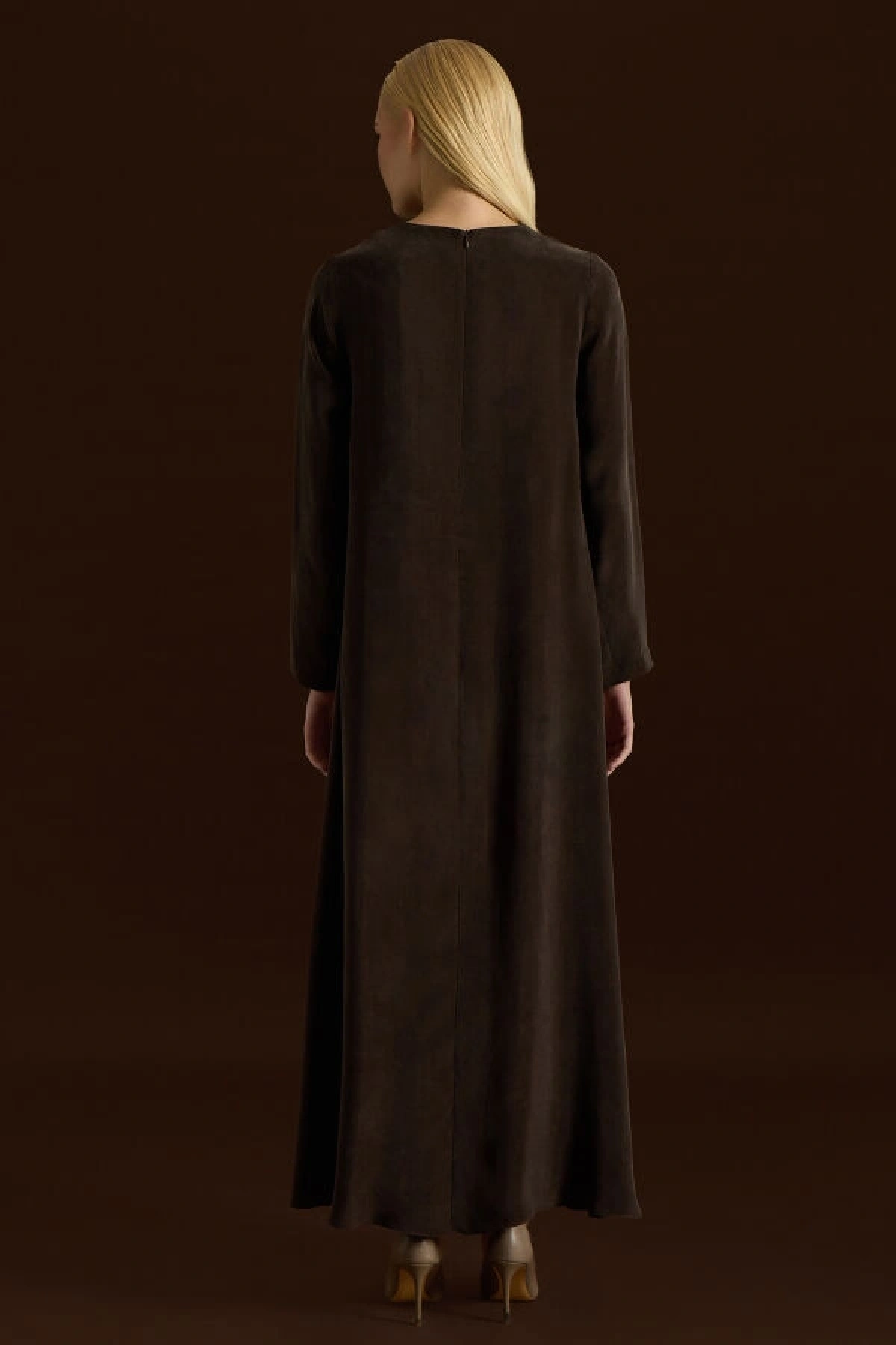 Miss Dalida Düz Renk Uzun Kollu Cupro Elbise Kahverengi T26Y-4008