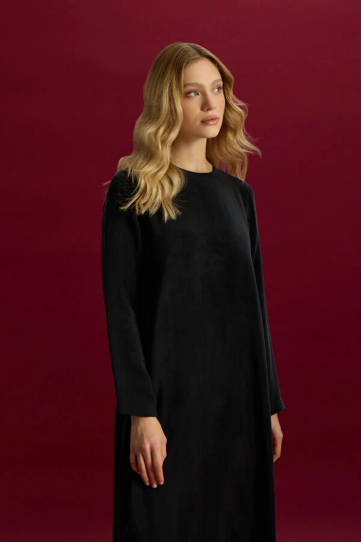 Miss Dalida Düz Renk Uzun Kollu Cupro Elbise Siyah T26Y-4008