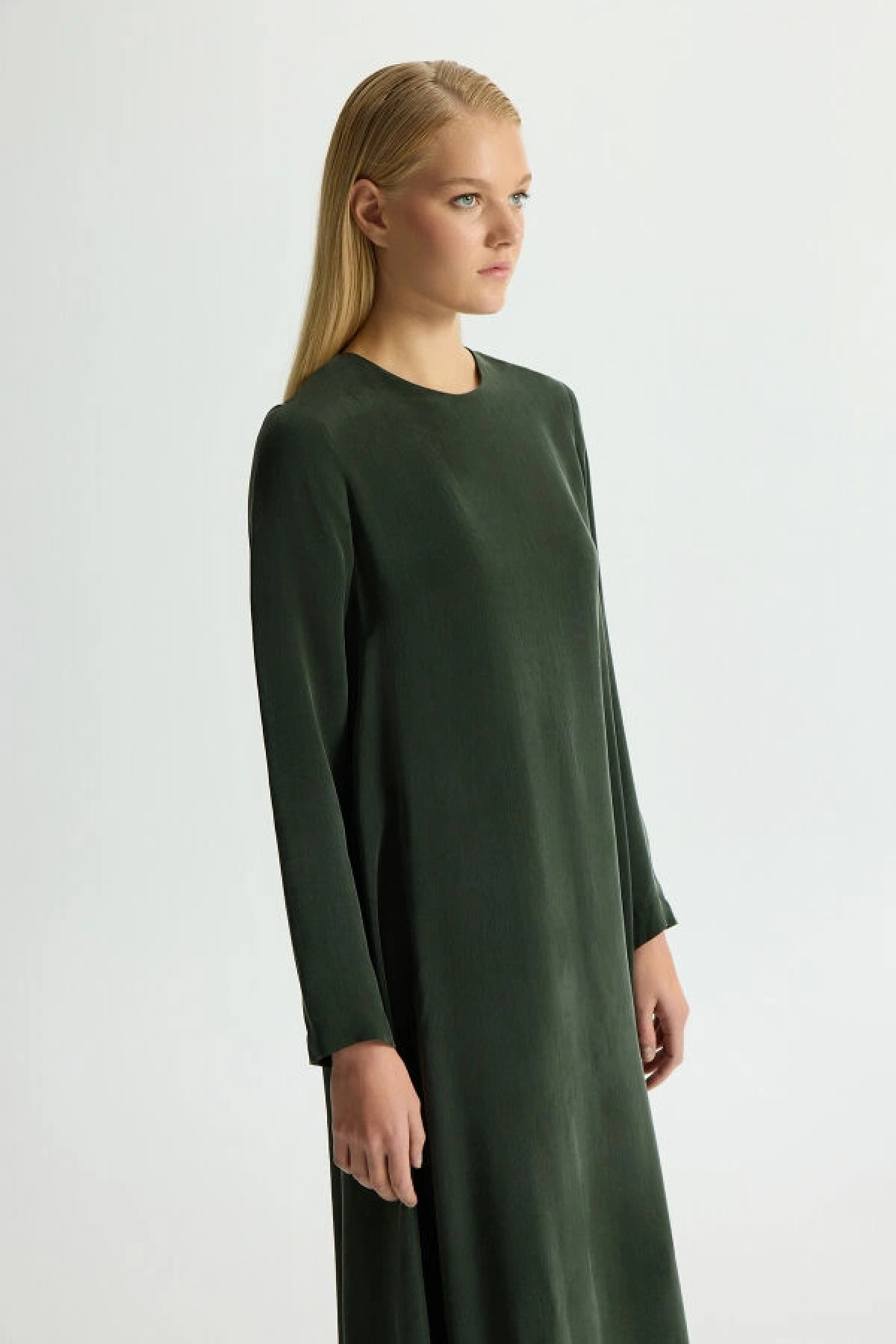 Miss Dalida Düz Renk Uzun Kollu Cupro Elbise Haki T26Y-4008