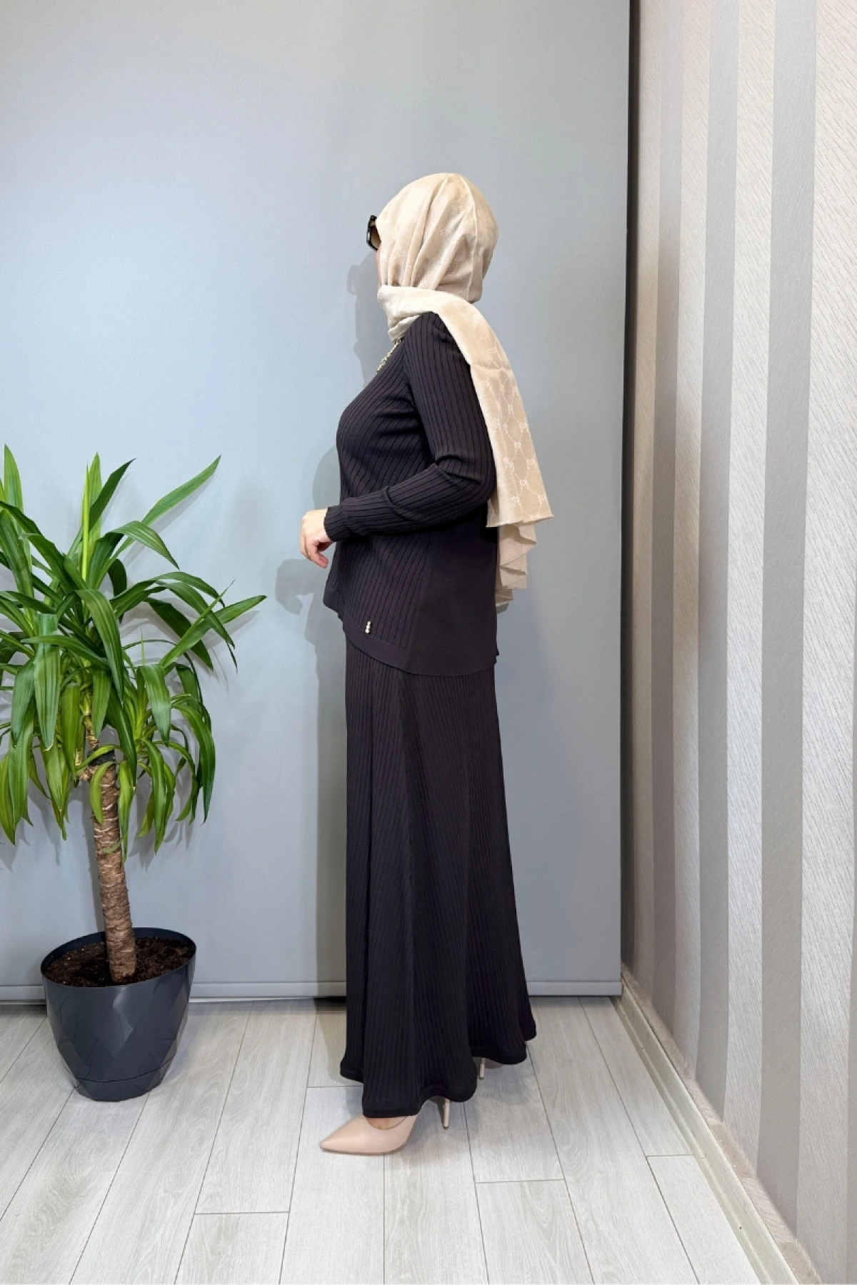 Miss Dalida Rahat Kesim Fitilli Triko Etek Takım Kahve T26Y-6032 (T26Y-2023)