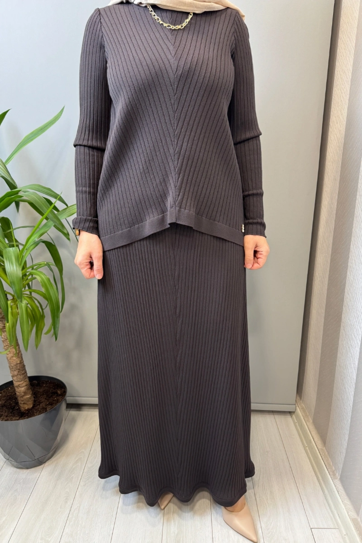 Miss Dalida Rahat Kesim Fitilli Triko Etek Takım Kahve T26Y-6032 (T26Y-2023)