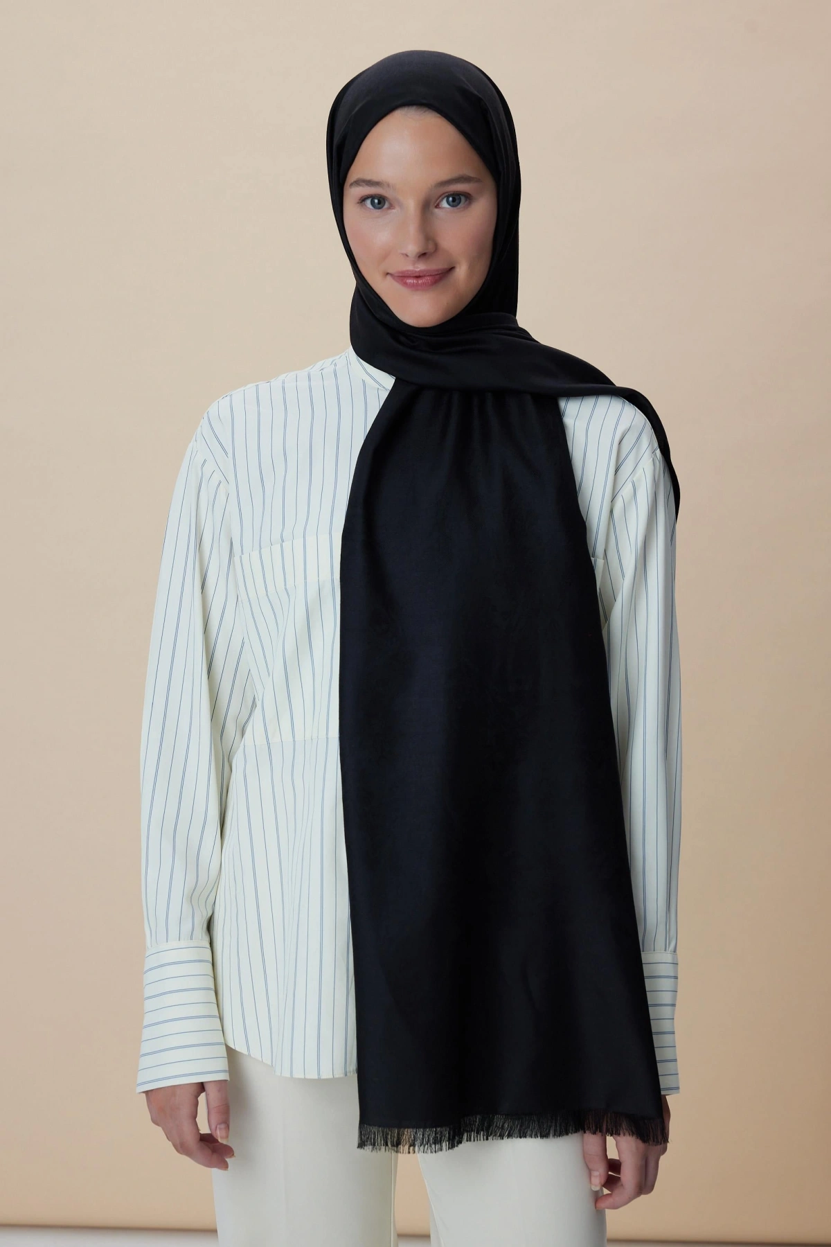 Maisa JADE MODAL İPEK JAKARLI ŞAL 70*200 CM - SİYAH