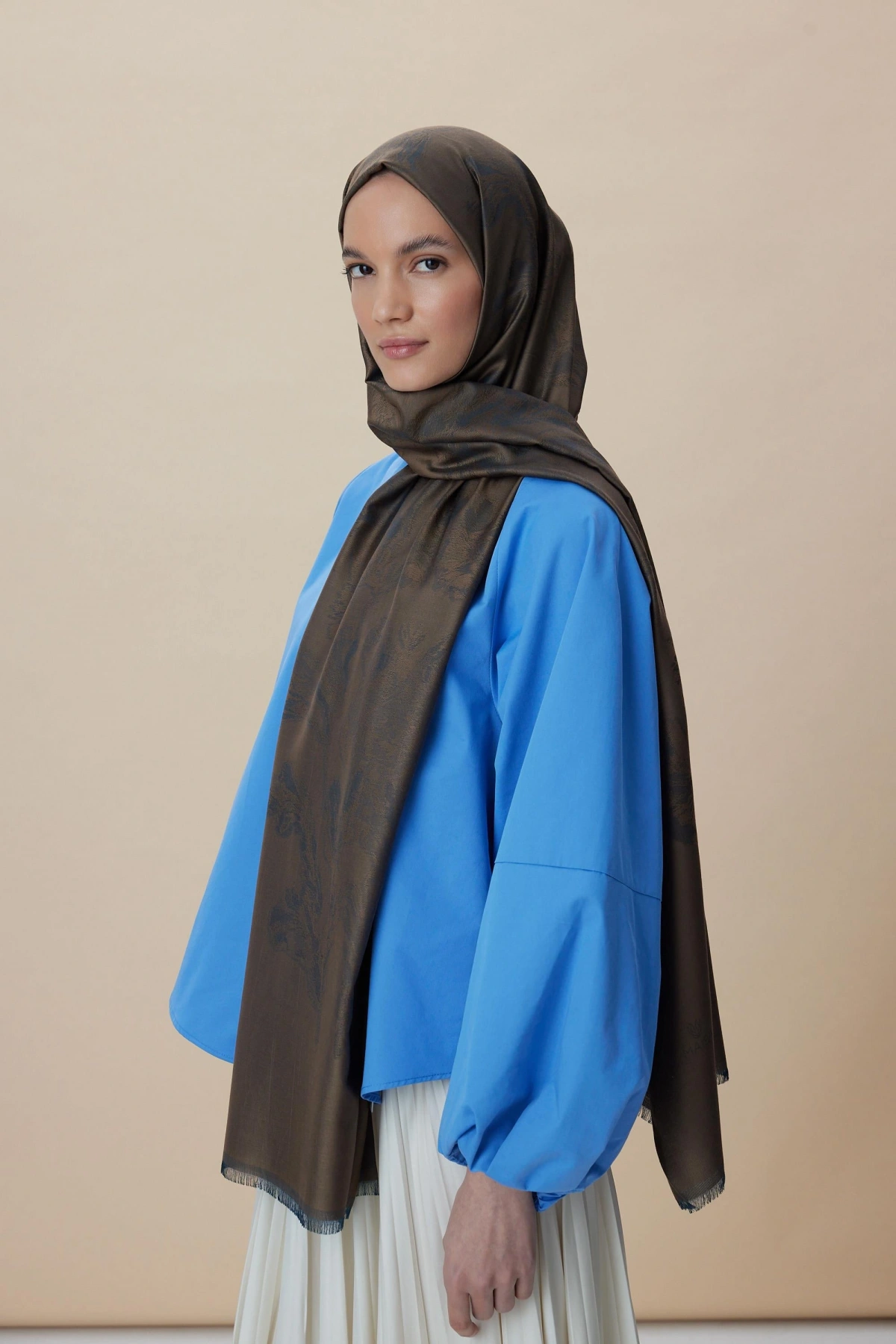 Maisa JADE MODAL İPEK JAKARLI ŞAL 70*200 CM - KAHVERENGİ