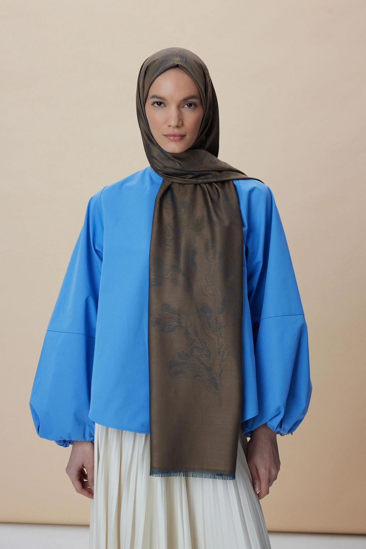 Maisa JADE MODAL İPEK JAKARLI ŞAL 70*200 CM - KAHVERENGİ