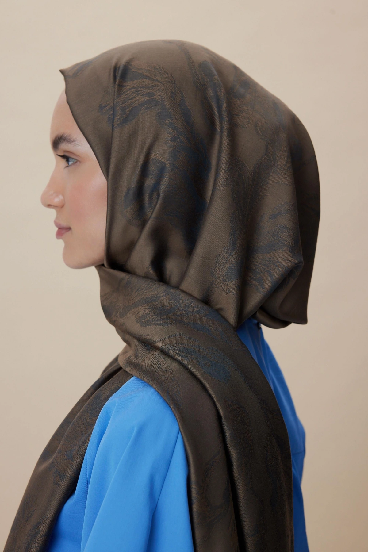 Maisa JADE MODAL İPEK JAKARLI ŞAL 70*200 CM - KAHVERENGİ