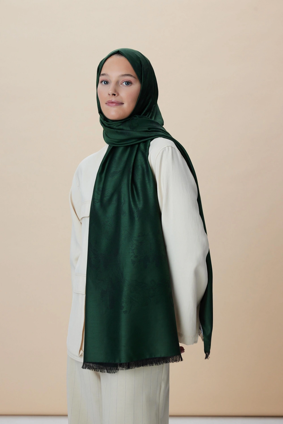 Maisa JADE MODAL İPEK JAKARLI ŞAL 70*200 CM - KOYU YEŞİL