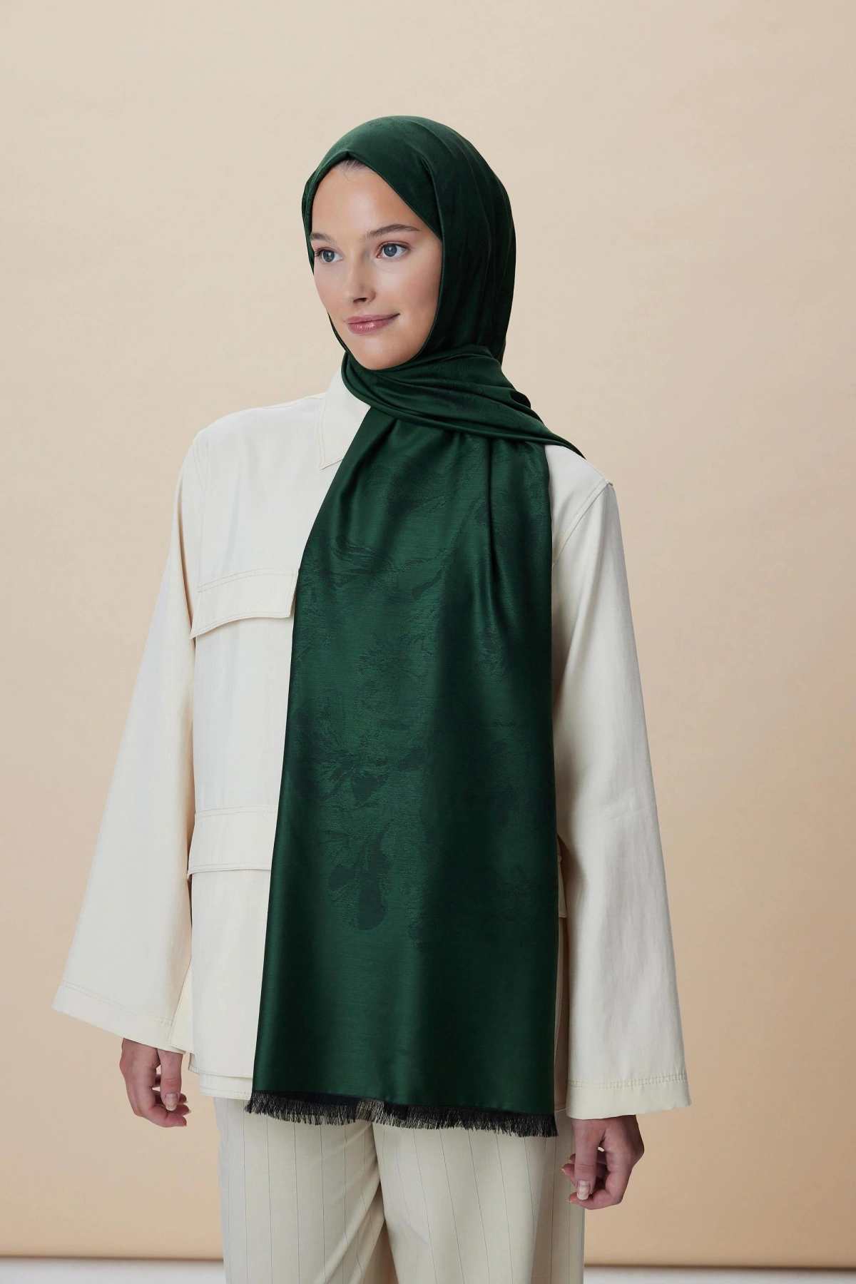 Maisa JADE MODAL İPEK JAKARLI ŞAL 70*200 CM - KOYU YEŞİL