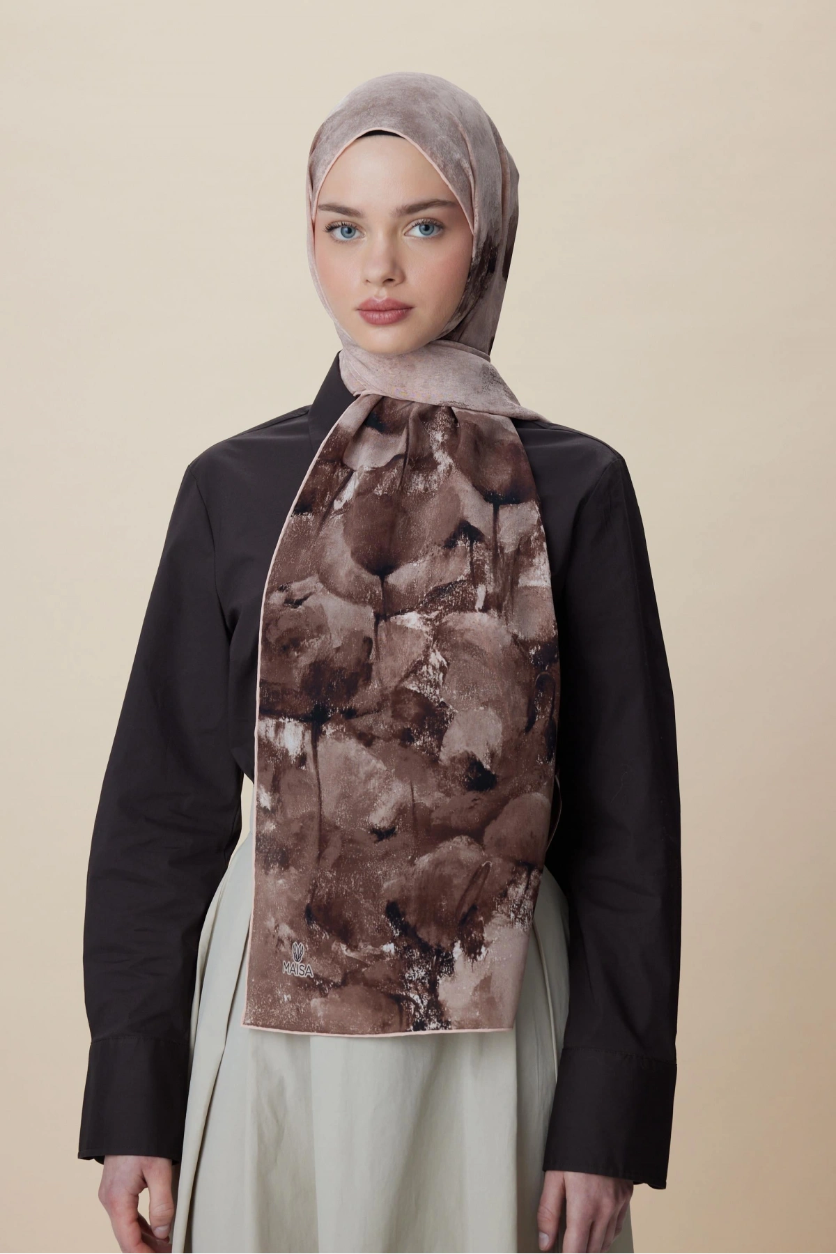 Maisa GELİNCİK KREP İPEK ŞAL 70*190 CM - KUM