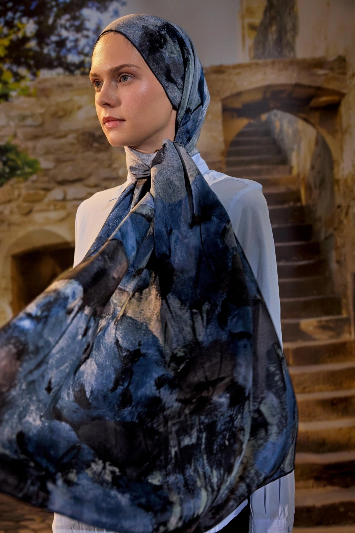 Maisa GELİNCİK KREP İPEK ŞAL 70*190 CM - MAVİ