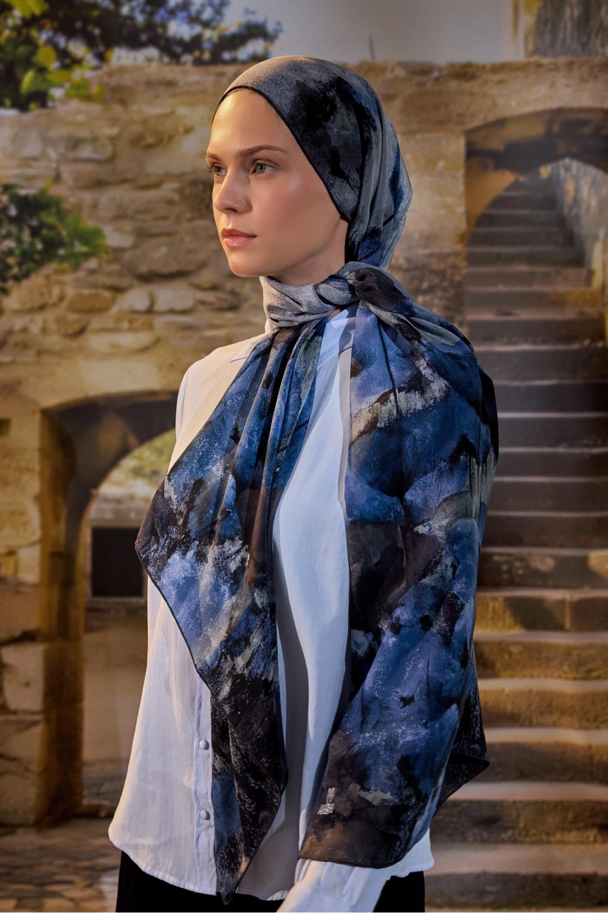 Maisa GELİNCİK KREP İPEK ŞAL 70*190 CM - MAVİ